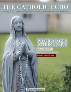 June 2024 cover of The Echo, featuring a statue of Mary that can be found in the Rhoda Wise House grotto