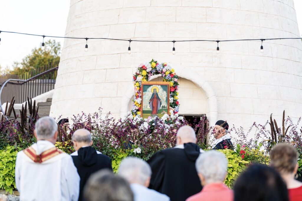 Image of Our Lady of Lebanon is placed outside the large shrine statue for the Assumption Pilgrimage in North Jackson. Photo by Brian Keith.