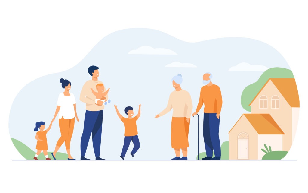 illustration of parents, children and grand parents standing in front of a house