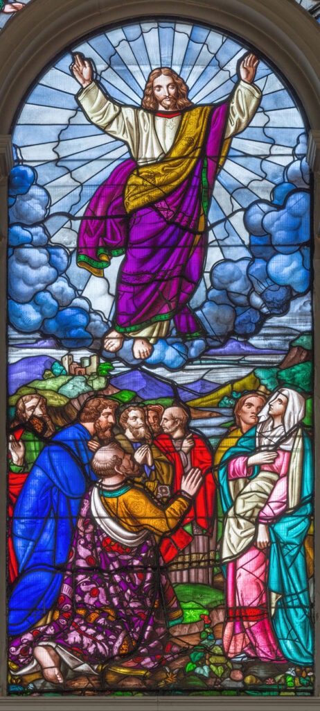 The Ascension of the Lord on the stained glass of St James Church, Clerkenwell in England by Alexander Gibbs &Co (1863).